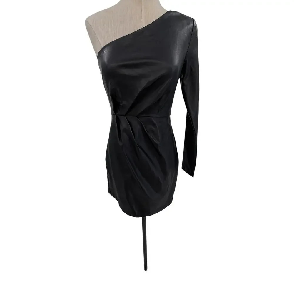 NBD Senia One Shoulder Faux Leather Mini Dress Black Long Sleeve XXS NWT
